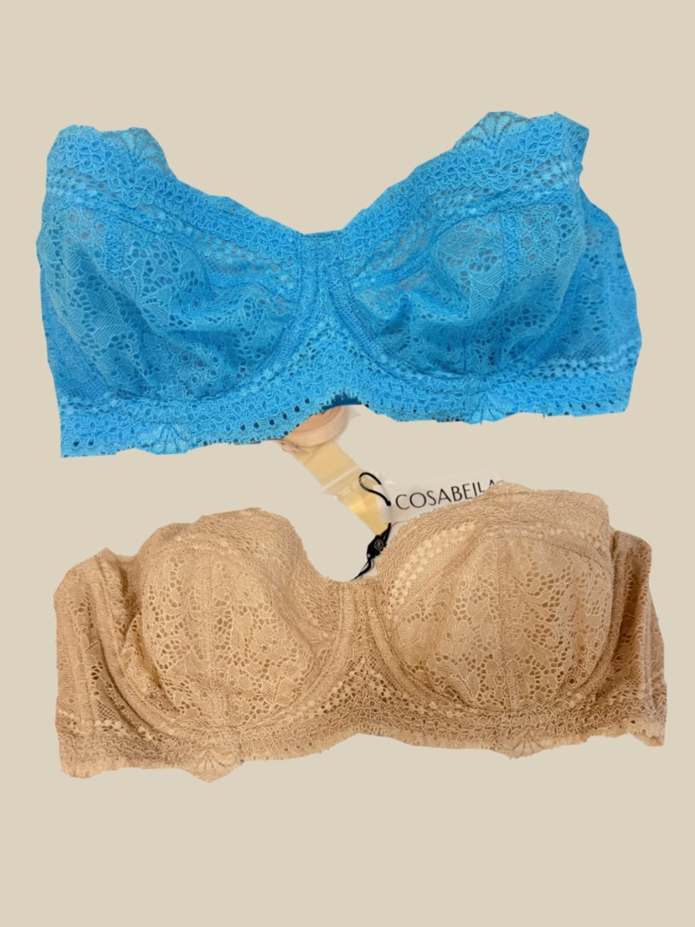 2 Cosabella Lace Strapless Bras in Bright Blue and Nude